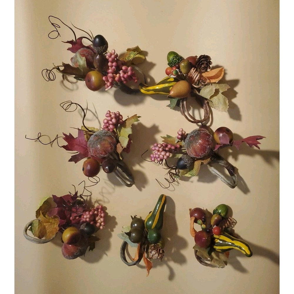 Set of 7 Vintage Fall Harvest Napkin Rings Gourd Pear Acorn Leaf Thanksgiving